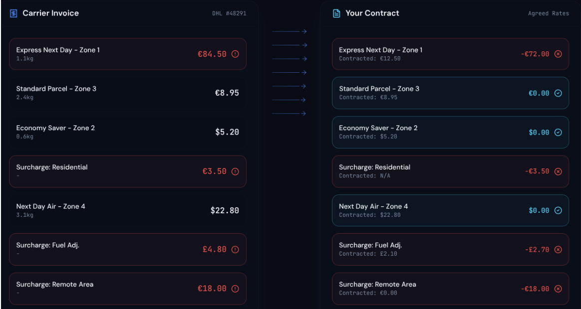Invoice audit comparison showing shipment charge discrepancies